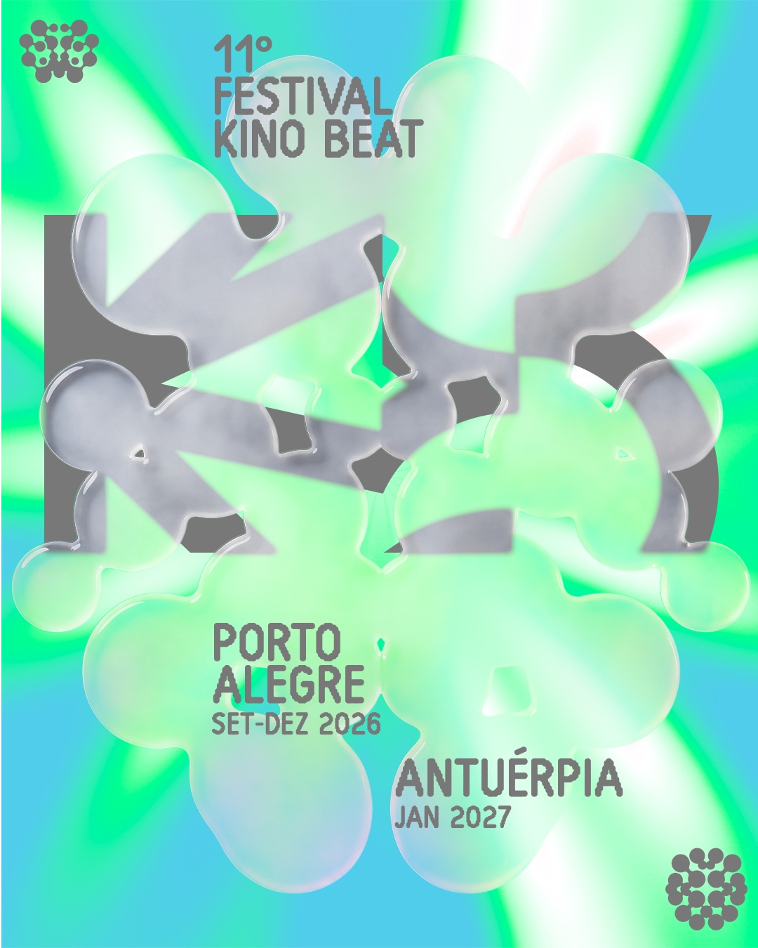 Cartaz do 11º Festival Kino Beat: formas translúcidas sobre verde e azul, Porto Alegre de setembro a dezembro de 2026 e Antuérpia em janeiro de 2027